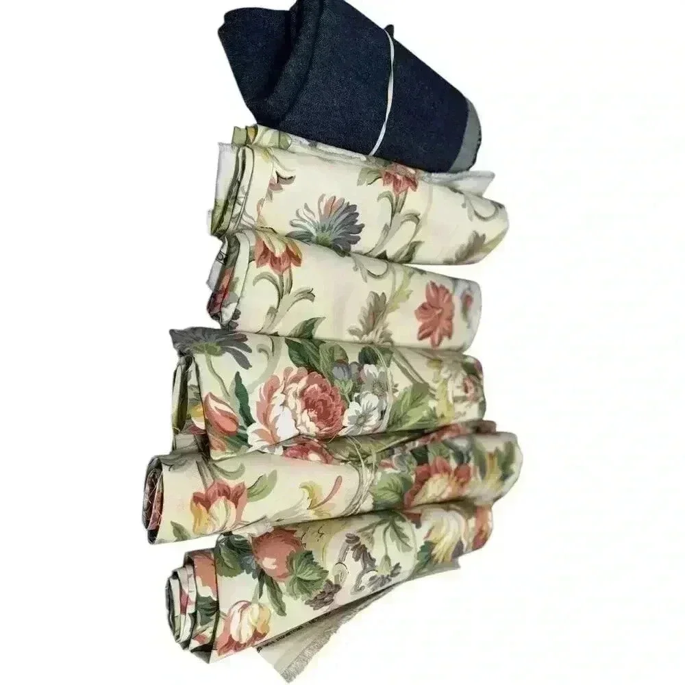 Fabric - 4 rolls of vintage floral 1 roll of dark denim 1 roll tropical floral